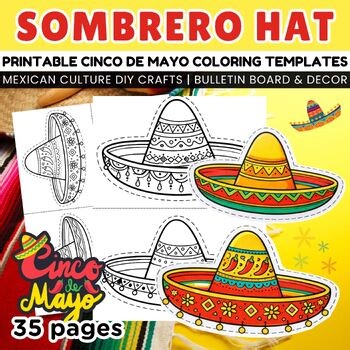 Cinco de Mayo Sombrero Hat Coloring Templates for Crafts, Bulletin Board Decor