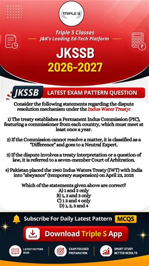 INDUS WATER TREATY MCQ 🔥LATEST JKSSB EXAM QUESTION | Can You Answer Correctly? 🤔 ‪@TripleSClasses‬
