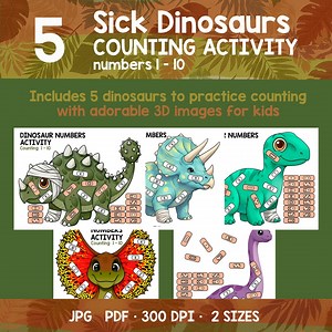 Jeu de comptage de dinosaures à imprimer (1-10) | Centre de mathématiques préscolaire, activité de comptage et d'association, jeu sensoriel, motricité fine - Etsy France