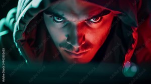 Man in Hoodie Analyzing Computer Screen, Show a hacker attempting to breach a secure network while cybersecurity measures are deployed