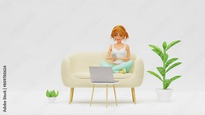 Seamless looping animation of cartoon smiling girl sitting on sofa, watching laptop and using smartphone. Distance work, study and communication concept. 3d render