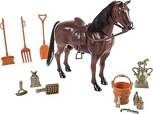 HEY! PLAY! Toy Horse Set with Accessories, Brushable Mane and Tail, and Moving Head for Pretend Play- Includes Grooming Brush, Saddle, Trophy