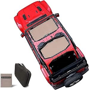 Shadeidea Sun Shade for Jeep Wrangler JL Unlimited 4 Door Front and Rear 2 Piece-Tan Mesh Screen Sunshade JLU 2018 2019 2020 Top Cover UV Blocker with Grab Bag-10 Years Warranty