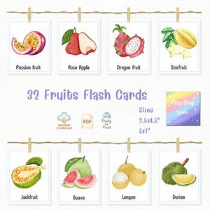 32 Fruits Flash Cards – Watercolor Fruit Name Posters for Kids