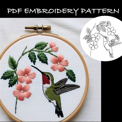 Hummingbird & Floral Embroidery Pattern, DIY Template (PDF Download) - Etsy Canada