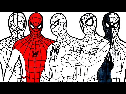 🔴🔴 How to draw - coloring 5 Spider man Suits - drawings for kids