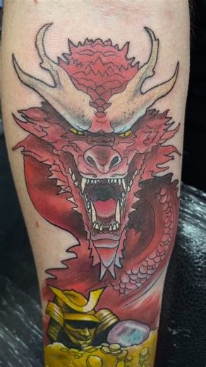 Client : “can I have Smaug the dragon from the hobbit , with the arkenstone , on a pile of gold , with a samurai helmet … and can you make it Japanese style but painterly “ Me ….. “ yep “ 藍藍藍藍藍 Thanks for the challenge and an awesome day Andrew !!! #smaug #hobbit #hobbittattoo #smaugtattoo #realarttattoo #leicestertattoostudio #leicestertattooartist #starrproteam #ghostcartridges | Matt Oddboy Barratt-Jones | Facebook