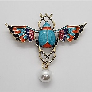 Winged Egyptian Scarab Beetle Brooch Enamel Colorful Faux Pearl Dangle