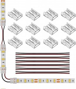 SEZO 2PIN 10mm LED Strip Connectors Kit 12PCS 2PIN 10mm Transparent Unwired Gapless Solderless LED Light Strip to Wire + 6PCS 15cm Long 20AWG Extension Wire for 3528 5630 5730 5050 UV LED Lights