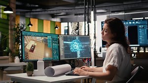 Real estate developer uses advanced AI and neural network technology for interior design and building layout, structural analysis and site preparation. Innovation and deep learning. Camera A.