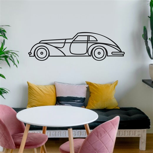 Bugatti Car Wall Decal, Vintage Car Wall Sticker, Retro Car Silhouette Wall Art, Garage Wall Decor, Gift for Him, Car Lover Gift