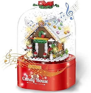 Music Box Building Blocks Sets for Kids, DIY Music Box Kit, Candy House Building with Auto Snowfall, Musical Boxes Case Creative Holiday Present for Boys Girls