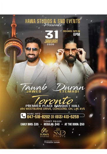 Toronto! 🇨🇦 Have you secured your tickets for the biggest Afghan concert of the year? For the first time ever, Duran Etemadi will be performing LIVE in Toronto alongside Tawab Jawed. Get ready for an unforgettable night of your favourite songs, incredible performances, and nonstop entertainment. Tickets are limited don’t miss out! Physical tickets available now at Afghan Super Market (Scarborough) To purchase tickets online, click the link in our bio! Ticket Pricing: • $40 Regular Admission • 