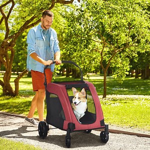 PawHut Pet Stroller Universal Wheel with Storage Basket Ventilated Oxford Fabric for Medium Size Dogs, Red