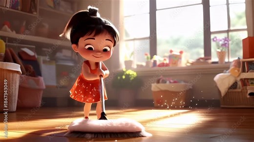 Spring cleanup. Recycling. Seasonal theme. A 3D animated scene featuring a young girl in a red dress mopping the floor with a mop. She is depicted in a room with a window.
