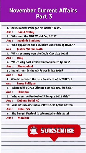 November Current Affairs 2025 | Monthly Current Affairs 2025 November | Current Affairs 2025 |