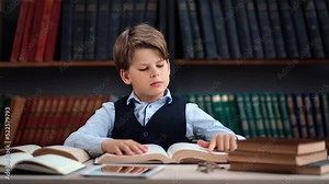 Stylish male kid pupil reading vintage paper book turning pages on table at library doing homework