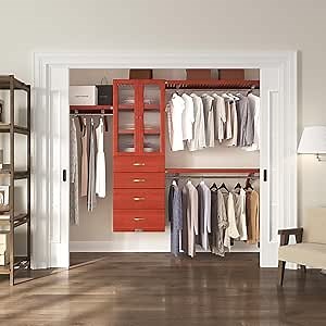 John Louis Home 16in Deep Deluxe Closet Organizer - 4 Drawers with Doors - 8in and 10in - Red Mahogany Finish
