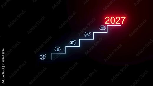 Step by step progress towards goals in 2027 with icons representing different sectors and a red highlighted year.
