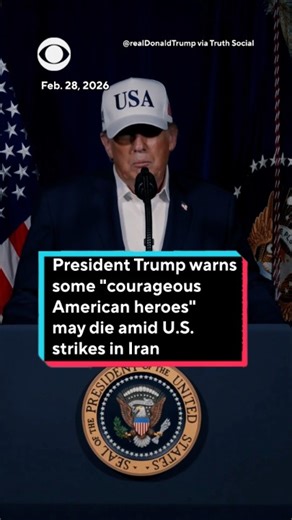 President Trump announced early Saturday that the U.S. was undertaking "major combat operations in Iran," as Israel said it was launching a preemptive attack on the country. "The lives of courageous American heroes may be lost and we may have casualties. That often happens in war," he said in an eight-minute video on Truth Social. "But we're doing this, not for now. We're doing this for the future. And it is a noble mission." | CBS News