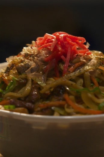 Yaki soba noodles with pork belly and cabbage stir fry
