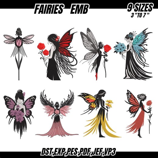 Fairy Embroidery Design, Cute Fairy Girl With Wings Embroidery, Fairy With Flowers Embroidery, Instant Download, 9 Sizes - Etsy