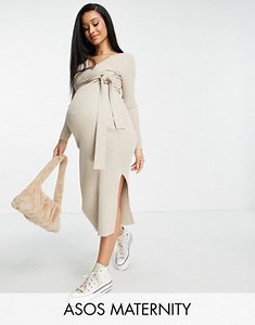 ASOS Design Maternity knitted midi dress with wrap front in oatmeal | ASOS