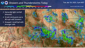 Scattered showers and a few thunderstorms are expected today, mainly during the afternoon and early evening. Here is a model representation of the timing and motion of today's activity. Drier conditions are forecast on Wednesday. | US National Weather Service Flagstaff Arizona