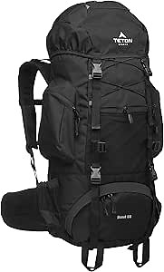 Teton 55L Scout Internal Frame Backpack for Hiking, Camping, Backpacking, Travel, Rain Cover Included, Black