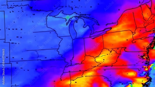 A heat map depicts a region with varied temperatures, overlaid on a map of the US Eastern states