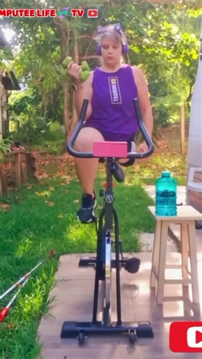Amputee lady adaptive stationary bike riding routine #limbloss #crutches