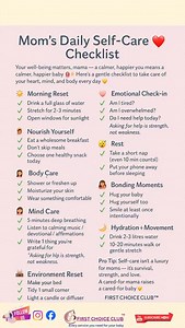 ❤️ Mom’s Daily Self-Care Checklist Your well-being matters, mama — a calmer, happier you means a calmer, happier baby 🤱✨ Here’s a gentle checklist to take care of your heart, mind, and body every day 💛 ⸻ 🌞 1. Morning Reset ✔ Drink a full glass of water ✔ Stretch for 2–3 minutes ✔ Open windows for sunlight ⸻ ☕ 2. Nourish Yourself ✔ Eat a wholesome breakfast ✔ Don’t skip meals ✔ Choose one healthy snack today ⸻ 💆‍♀️ 3. Body Care ✔ Shower or freshen up ✔ Moisturize your skin ✔ Wear something co