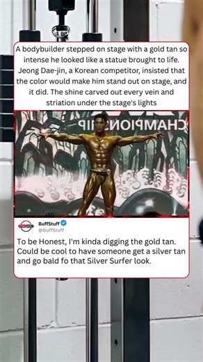 A bodybuilder stepped on stage with a gold tan so intense he looked like a statue brought to life