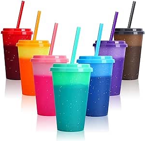 Color Changing Cups with Lids & Straws - 7 Pack 12 oz Reusable Cute Plastic Tumbler Bulk - Kids Small Funny Travel Straw Tumblers/Adults Iced Cold Drinking Party Cup