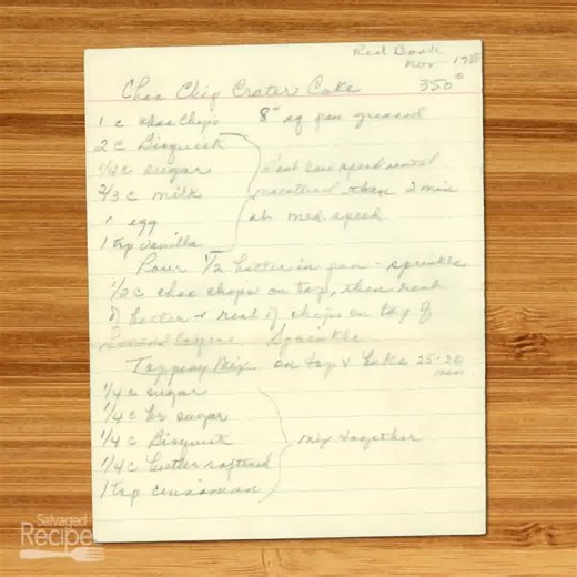 Chocolate Chip Crater Cake 🍫✨ This vintage Bisquick-based cake delivers pockets of melty chocolate with a crunchy cinnamon topping — the perfect mix of nostalgic flavor and simplicity. Link in first c.o.m.m.e.n.t! #vintagebaking #dessert #cakerecipe #retrorecipes #homemade | Salvaged Recipes