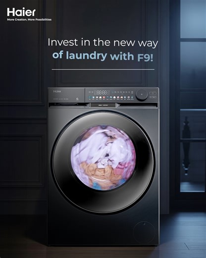When your old machine gives up, it’s time to move forward. Meet the Haier F9 Series, a revolution in laundry with a digital colour panel, One Touch AI, and Night Mode wash cycles that work silently while you rest. Upgrade to smarter, quieter, and more efficient washing today. #Haier #MoreCreationMorePossibilities #WashingMachine | Haier