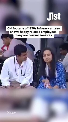 Jist on Instagram: "A viral video from the 1990s shows Infosys employees in Bengaluru enjoying meals in the company canteen, relaxed and cheerful, without the distractions of modern technology. Many of the people in the clip have since become multi-millionaires. The video has sparked nostalgia and discussions about how work culture and employee well-being have changed over the years."