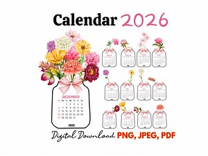 2026 Floral Desk Calendar, Printable Calendar, Desk Calendar,png JPEG for Cutting Machine, Flower Vase Calendar 2026, PNG for Cricut,digital - Etsy