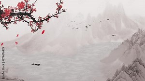 China's traditional, Chinese painting ink in the mountains with flowers, tree, birds, and river in fog background artwork. Chinese landscape, scenery artwork, misty mountains, Chinese painting style