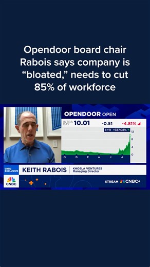 Opendoor co-founder and newly minted board chair Keith Rabois said remote work and a "bloated" workforce have been a drag on the company's culture, as he vowed to slash headcount. "There's 1,400 employees at Opendoor. I don't know what most of them do. We don't need more than 200 of them," Rabois told CNBC's "Squawk on the Street" on Friday. Read more: cnb.cx/4nsH1w4 | CNBC