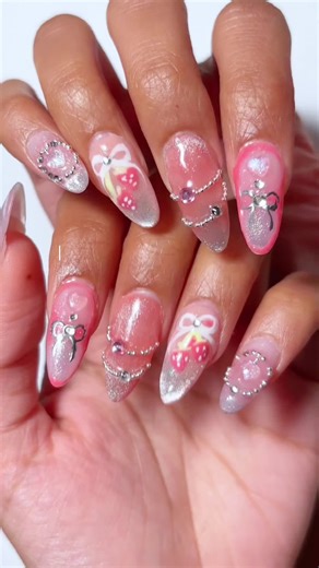 Cute Nail Art with Bows and Strawberries