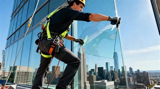 Professional installing clear solar window film on a highrise building to control heat without altering natural sunlight.