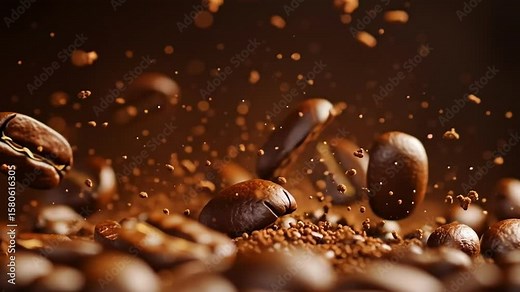 Coffee Beans Explosion: Roasted coffee beans burst into the air, creating a dynamic and visually stunning display of rich, dark brown hues, with coffee grounds adding depth and texture to the scene. Stock Video