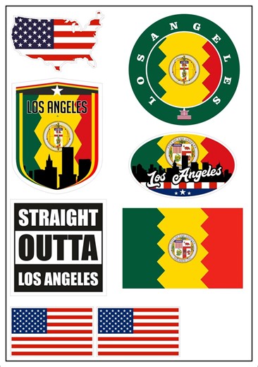 Los Angeles Sticker Map 8 Pieces - USA Car Motorcycle Biker Flag Sticker Decal Vinyl ST