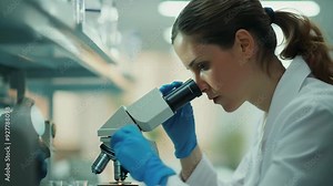Female Scientist Using Microscope in Laboratory, Wearing Lab Coat and Gloves