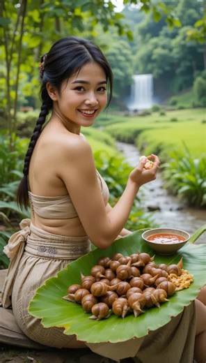 Serene Tropical Escape: Woman Relaxes by a Waterfall