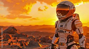 Astronaut Exploring a Mars Like Alien Planet Landscape with Mountains and Red Rocks new beautiful stock video footage animation AI