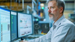 Engineer monitoring industrial processes on multiple screens in a high-tech facility. Precision engineering and data analysis in a manufacturing environment