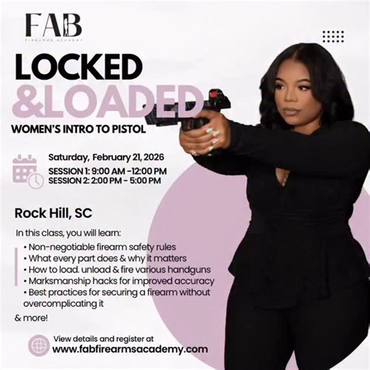 This is not a drill ‼️ 2026, I’m back on road 🛣️ Join my Locked & Loaded: Women’s Basic Pistol Course Saturday, February 21st in Rock Hill, SC! There will be two sessions, a morning and an afternoon session, and only 10 spots in each class! I will NOT host any other classes in South Carolina in 2026 - this is the ONLY one (well, two). So meet me there! Registration is now open - reserve your spot with a deposit! fabfa.as.me/rockhill #fabfirearmsacademy #firearmsafety #southcarolina #barberrange