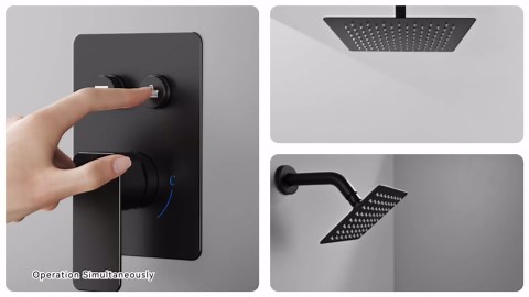 Shower Faucets Sets Shower System Matte Black, STARBATH 12" Ceiling Mount Rain Showerhead and 8" Wall Mounted Rainfall Shower for Couples, On Off Button Valve Dual Head Shower Systems Complete